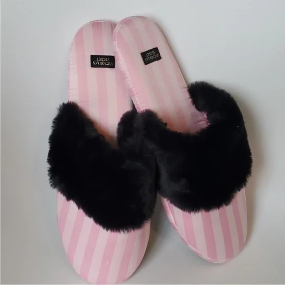 Victoria's Secret Slippers Pink Stripe Black Fur Size 7-8 - Picture 3 of 8